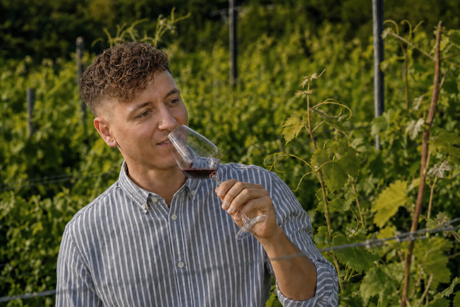 Patrick Moser degustiert Rotwein in einem Rebberg